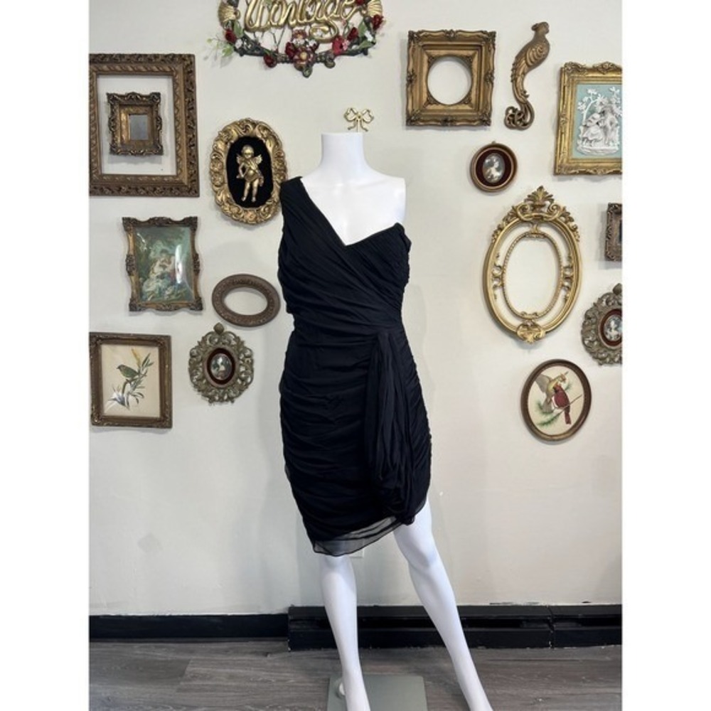 Robert Rodriguez Black 100% Silk One Shoulder Ruched Cockail Dress Size S